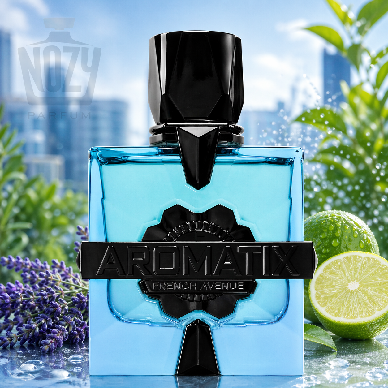 French Avenue Aromatix Magnetiq Extrait de Parfum 1 Aromatix French Avenue kék üveg parfüm fekete kupakkal, lime-mal és levendulával friss, városi háttér előtt