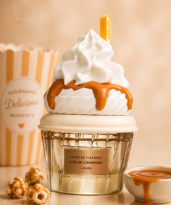Lattafa Whipped Pleasure Eau de Parfum – édes gourmand illat sós karamell, popcorn, krémes tej és tonkabab jegyekkel, elegáns üvegben.