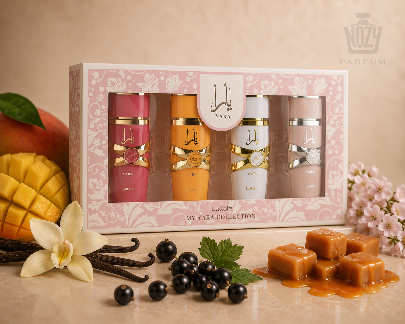 Lattafa Yara Kollekció 1 Lattafa Yara Mini Kollekció – négy nőies mini parfüm luxus díszdobozban.
