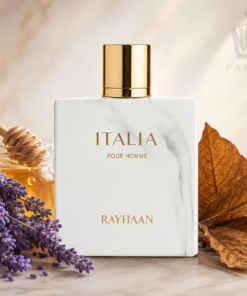 Rayhaan Italia Eau de Parfum – mézes, dohányos és vaníliás gourmand férfi illat elegáns üvegben.