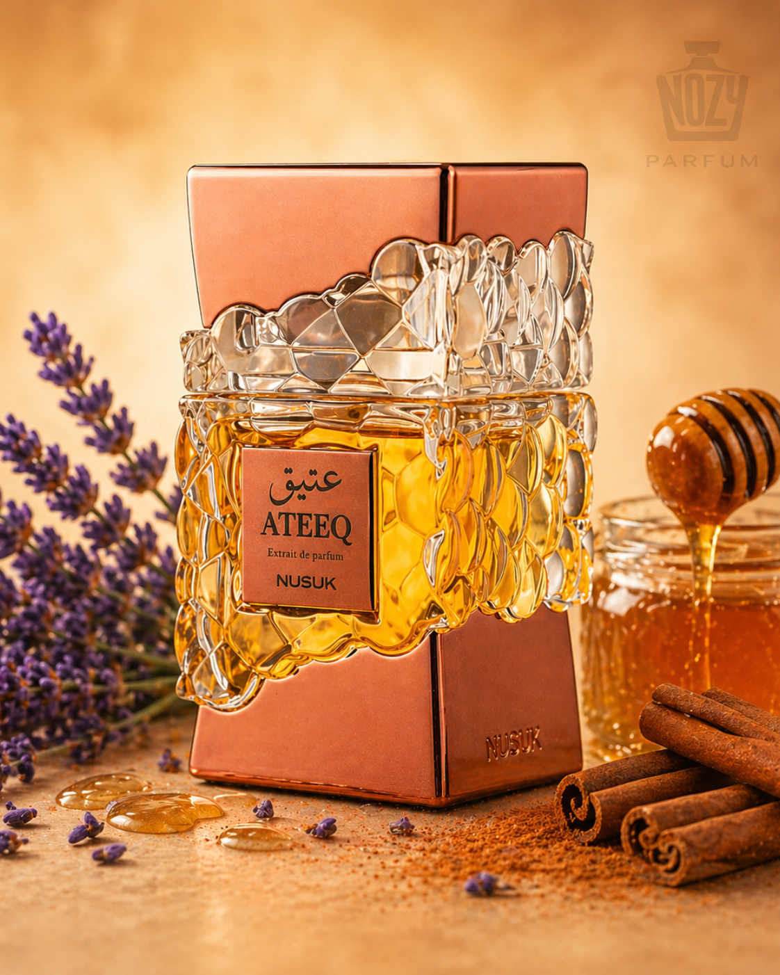 Nusuk Ateeq Extrait de Parfum 1 Nusuk Raheeq Extrait de Parfum – mézes és kókuszos gourmand uniszex illat luxus üvegben.