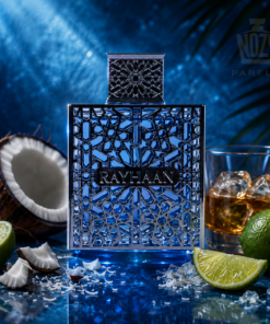 Rayhaan Aquatica Eau de Parfum – trópusi citrusos illat kókusszal és rumos jegyekkel elegáns üvegben.