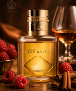 Lattafa Fire On Ice Eau de Parfum – gourmand-fűszeres illat meleg fás és édes gyümölcsös jegyekkel, elegáns üvegben.