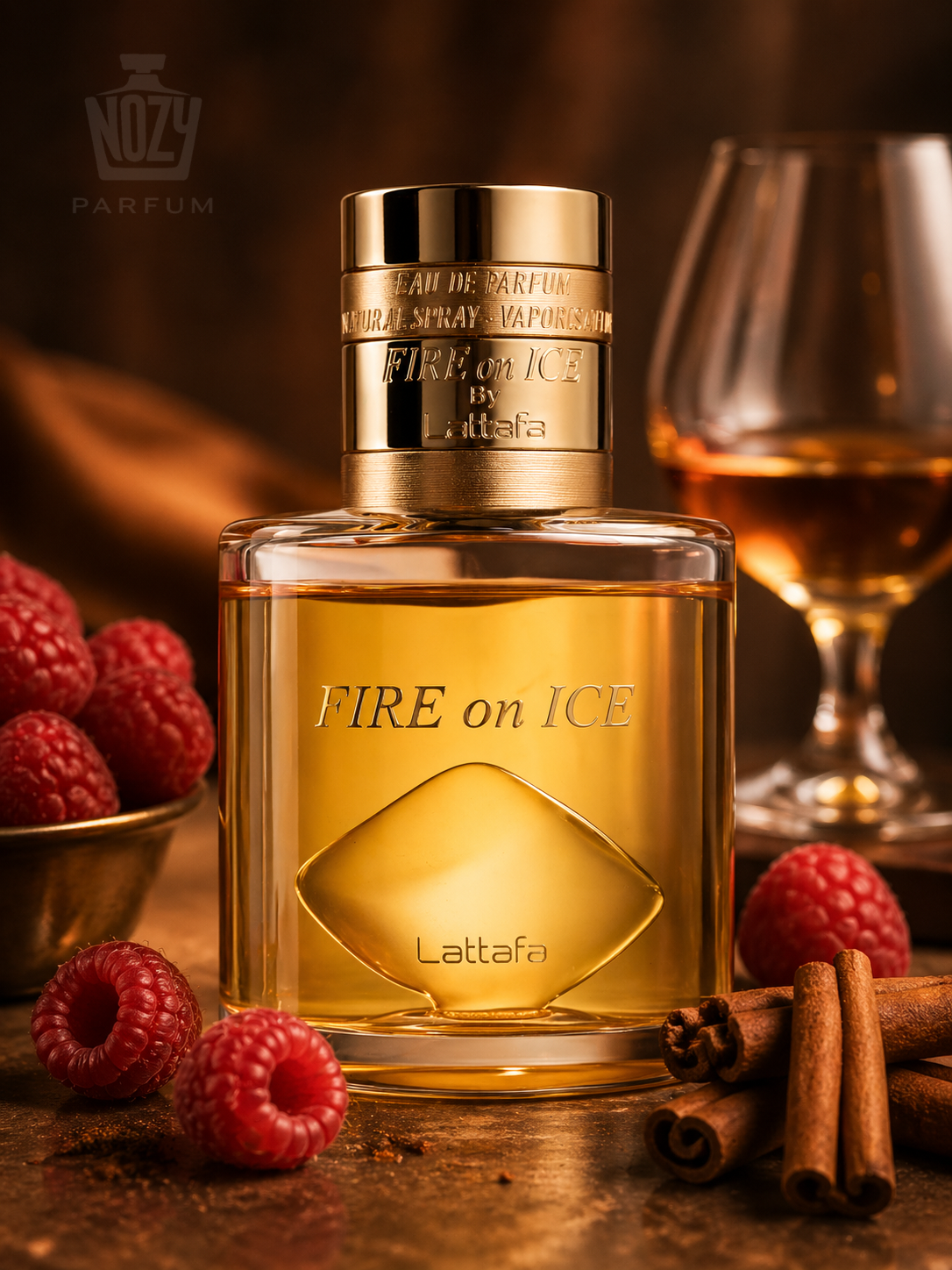 Lattafa Fire On Ice EDP 1 Lattafa Fire On Ice Eau de Parfum – gourmand-fűszeres illat meleg fás és édes gyümölcsös jegyekkel, elegáns üvegben.