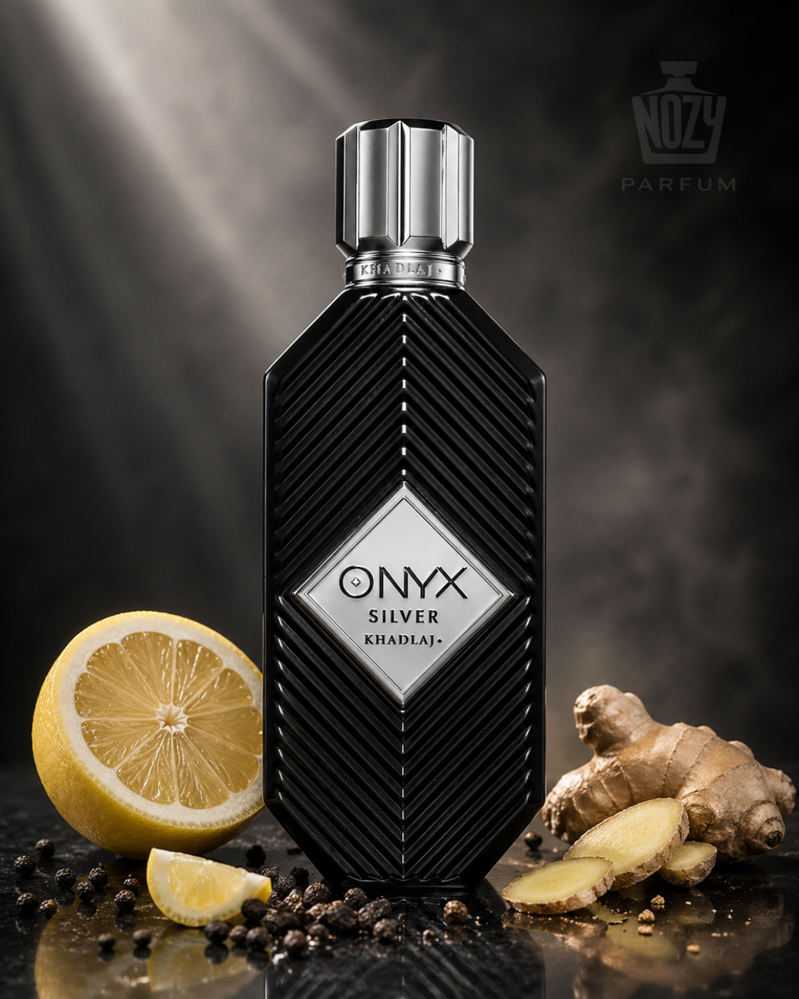 Khadlaj Onyx Silver EDP 1 Onyx Silver Eau de Parfum – fűszeres-ámbrás férfi illat fekete borssal és tonkababbal.