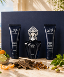 Afnan Turathi Blue férfi ajándékszett parfümmel, tusfürdővel és aftershave lotionnel.