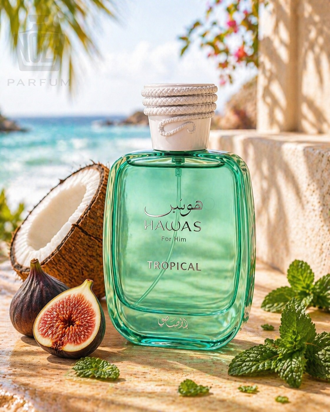 Rasasi Hawas Tropical EDP 1 Rasasi Hawas Tropical Eau de Parfum – trópusi kókuszos és mentás férfi illat elegáns üvegben.