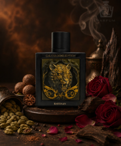 Rayhaan Tiger Extrait de Parfum – intenzív fűszeres-fás férfi illat elegáns üvegben.
