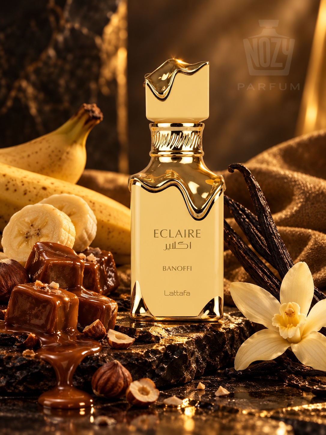 Lattafa Eclaire Banoffi EDP 1 Lattafa Eclaire Banoffi gourmand parfüm banán, dulce de leche, habos vanília, praliné és keksz illatjegyekkel.