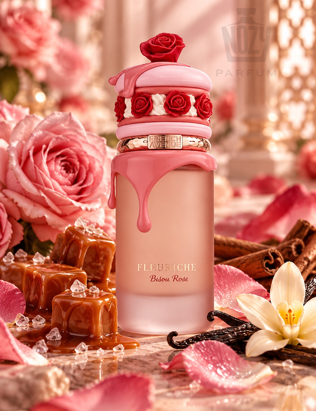 French Avenue Fleuriche Bisou Rose EDP 1 Fleuriche Bisou Rose női parfümkoncentrátum licsi, körte, török rózsa, pünkösdi rózsa, vanília, fehér pézsma és ámbra illatjegyekkel.