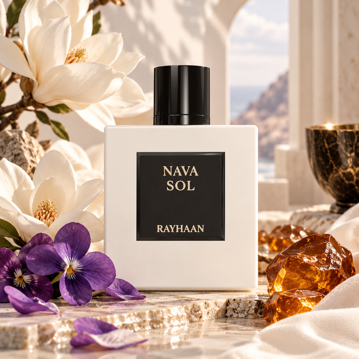 Rayhaan Nava Sol EDP 1 Nava Sol Eau de Parfum szapodilla, magnólia, ibolya, szantálfa, ámbra és pézsma illatjegyekkel.