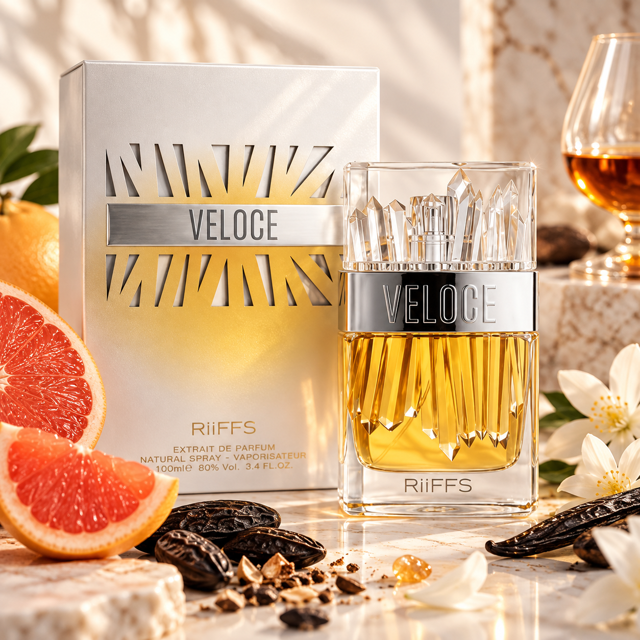 Riiffs Veloce Extrait de Parfum 1 Veloce uniszex parfüm citrusos, konyakos, karamellás és fás illatjegyekkel, Angel’s Share On The Rocks inspirálta illatvilággal.