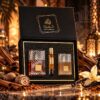 Lattafa Khamrah ajándékszett 5 Lattafa Khamrah ajándékszett 100 ml Eau de Parfum, 12 ml utazós parfüm és 50 ml Khamrah hajpermet kiszereléssel.