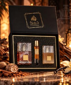 Lattafa Khamrah ajándékszett 100 ml Eau de Parfum, 12 ml utazós parfüm és 50 ml Khamrah hajpermet kiszereléssel.