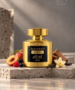 Lattafa Confidential Private Gold Eau de Parfum őszibarack, málna, gyöngyvirág, vanília, pézsma és szantálfa illatjegyekkel.