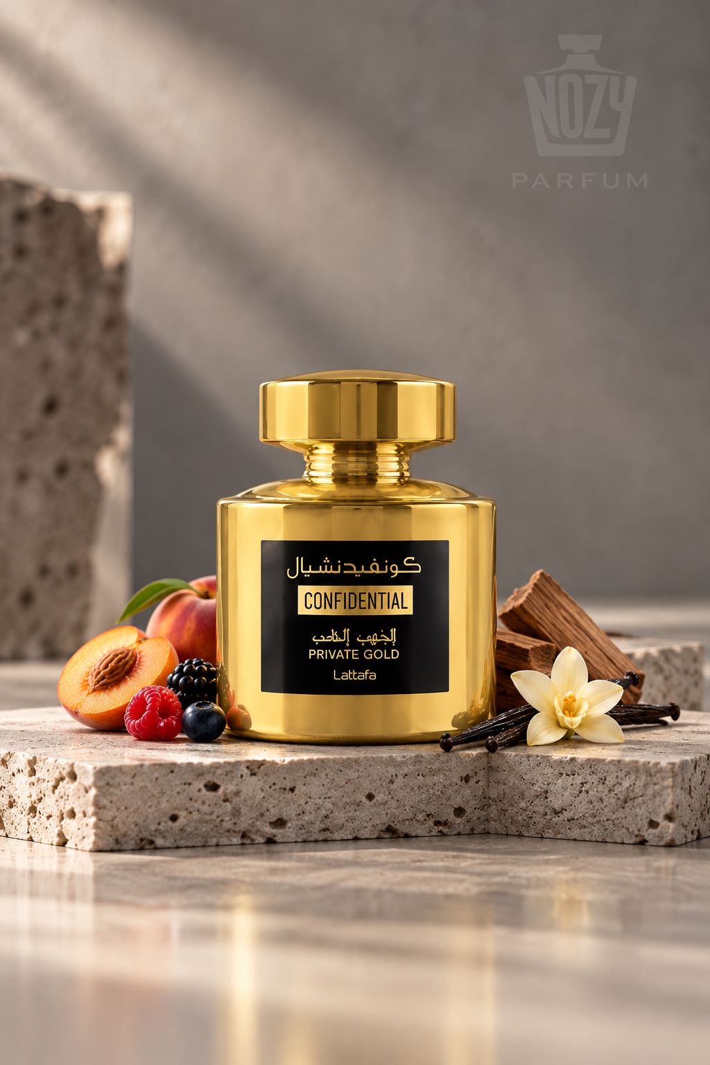 Lattafa Confidential Private Gold Eau de Parfum 1 Lattafa Confidential Private Gold Eau de Parfum őszibarack, málna, gyöngyvirág, vanília, pézsma és szantálfa illatjegyekkel.